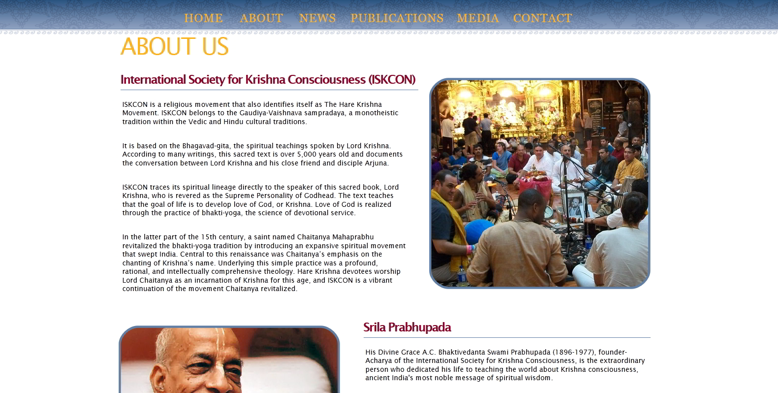 The website provides basic information on ISKCON and Srila Prabhupada