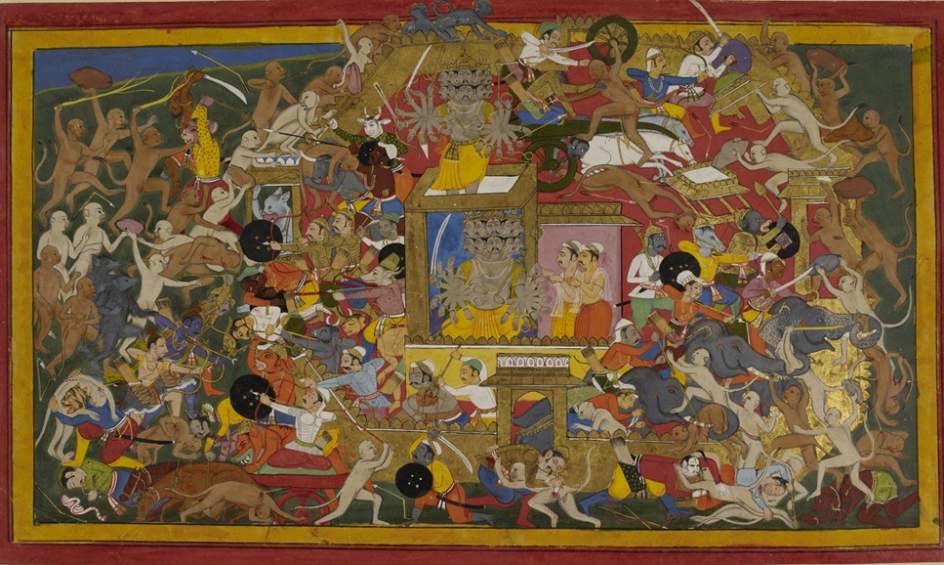 MEWAR RAMAYANA, BOOK 6_F.027R Ilustración del sexto libro del 'Ramayana de Mewar' que muestra el ataque de Rama y sus aliados contra Rávana, el demonio de diez cabezas que reina en Lanka y tiene cautiva a la mujer del héroe (©The British Library Board) 
