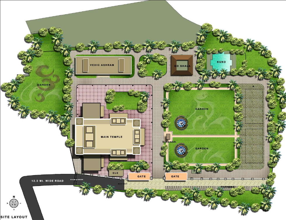 Site layout of the new Kanpur temple complex, showing the main temple, Vedic Ashram, Goshala and gardens