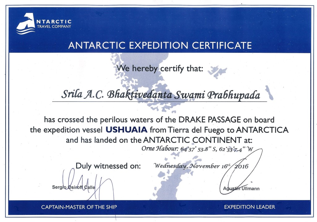 EL Certificado expedido para Srila Prabhupada y su visita a la Antartida